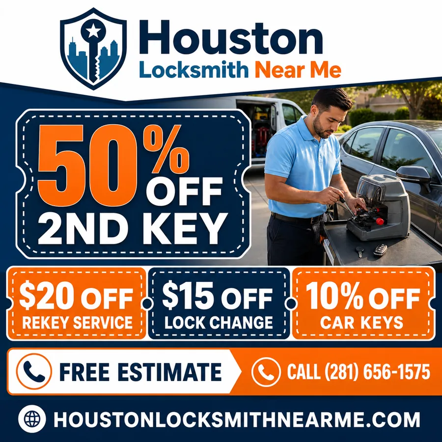 Houston locksmith coupon with rekey, lock change, and car key offers