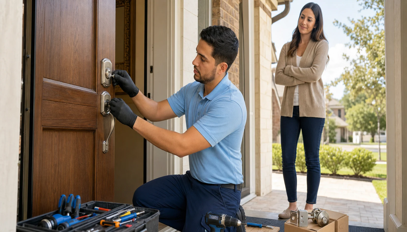 Authorized Houston locksmith installing a new residential deadbolt